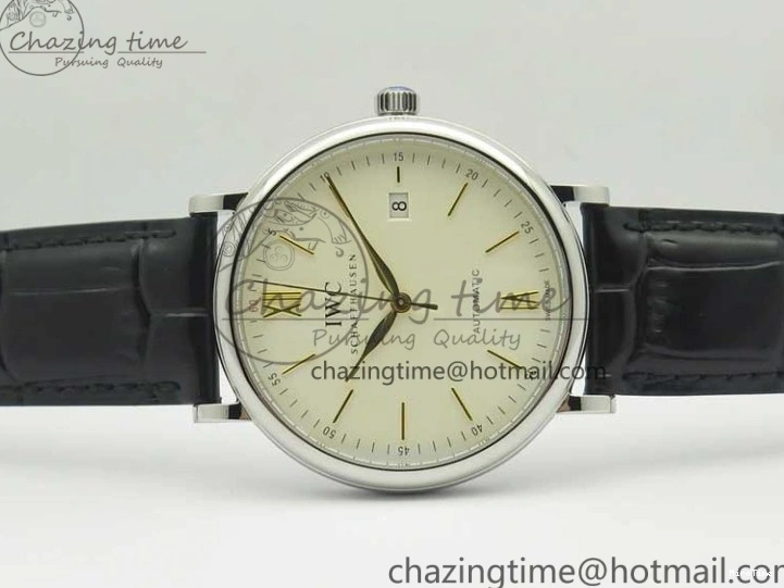 MIROTIME 0106 Affordable Portofino IW356501 SS V3 MK 1:1 Best Edition White Dial Gold Markers On Black Leather Strap MIYOTA 7196